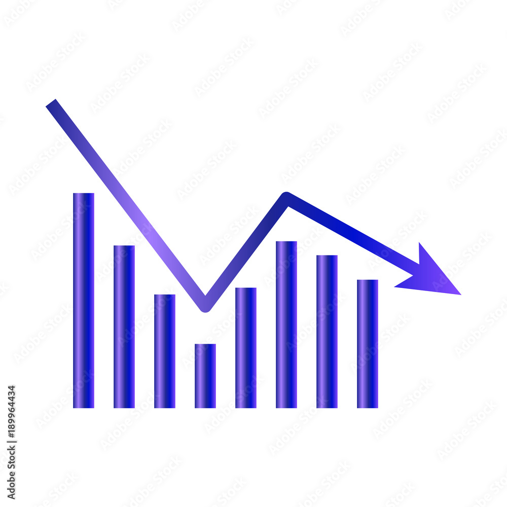 Business graph icon isolated on white background. Downside trend graph, bar chart image with arrow down. Vector illustration for banner, template, poster, postcard, web, app Business graph icon isolated on white background. Downside trend graph, bar chart image with arrow down. Vector illustration for banner, template, poster, postcard, web, app