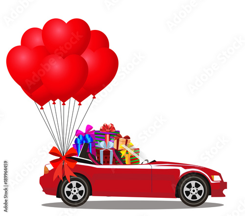 Red cartoon cabriolet car full of gift boxes and bunch of balloo
