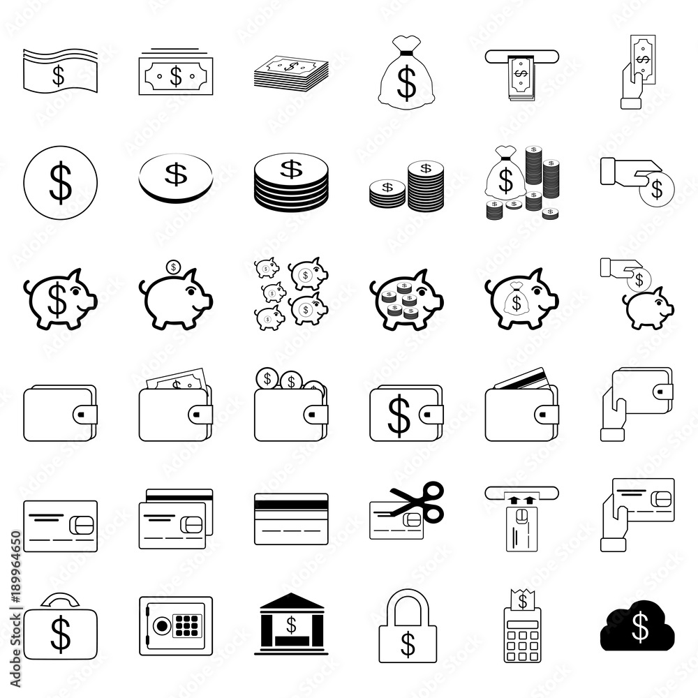 36 Icons. Banking and Financial Set Vector Line Icon. Includes such as Money,Coin,Banknotes,money bag,ATM,Credit Cards,wallet,Financial activities.64x64 Pixel Perfect. 36 Icons. Banking and Financial Set Vector Line Icon. Includes such as Money,Coin,Banknotes,money bag,ATM,Credit Cards,wallet,Financial activities.64x64 Pixel Perfect.