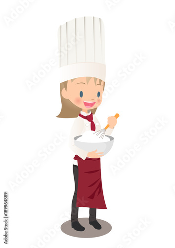 女性パティシエが生クリームを泡立てているイラスト画像