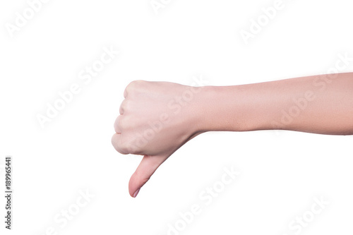 Woman hand showing thumb down isolated on white background