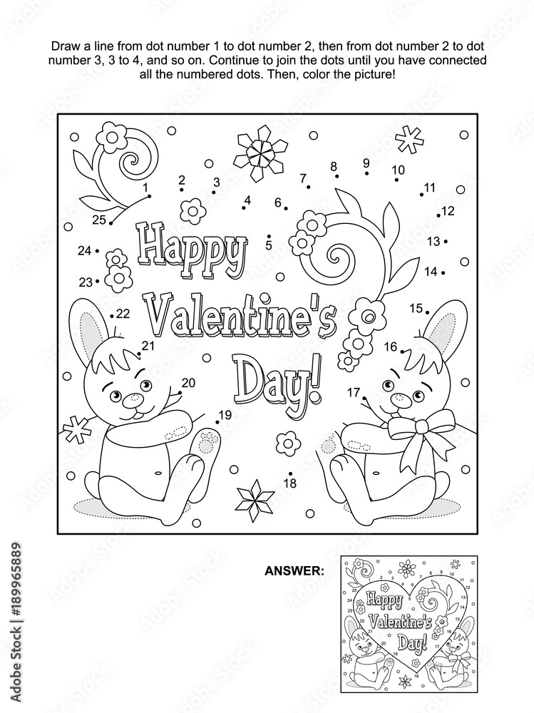 Valentine's Day themed connect the dots picture puzzle and coloring page with hidden heart, greeting text, two cute bunnies, flowers and snowlakes. Answer included.
