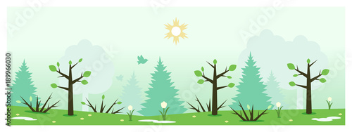 Flat vector banner.  Illustration of spring nature in forest. 