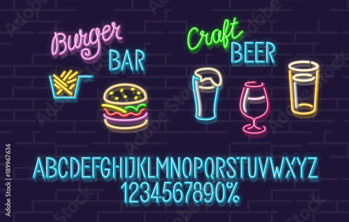 Neon set for burger and craft beer bar. Blue glowing font with uppercase letters. Stout, cherry beer and lager icons. Delicious burger and tasty fries.
