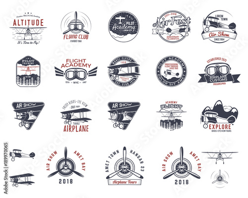 Vintage hand drawn old fly stamps. Travel or business airplane tour emblems. Biplane academy labels. Retro aerial badge isolated. Pilot school logo. Plane tee design, prints, web design. Stock vector