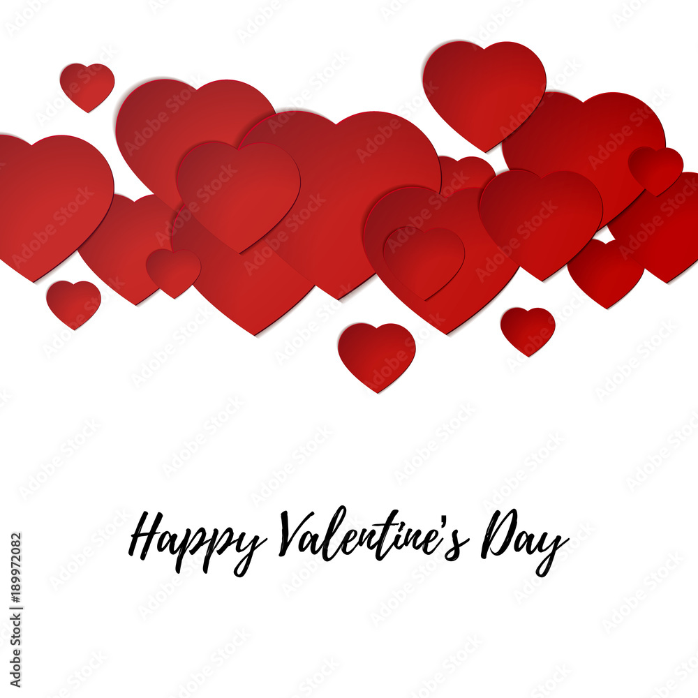 Valentine's day postcard Many red paper hearts on white background with the inscription Happy Valentine's day Illustration in paper art style