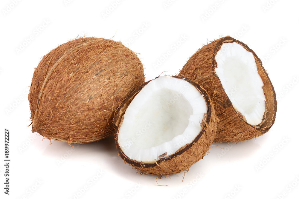 whole coconut and half isolated on white background whole coconut and half isolated on white background