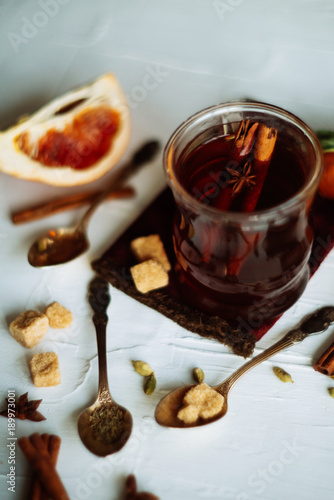 Wallpaper Mural Cup of herbal tea on dark aged rustic background, top view, place for text, border Torontodigital.ca