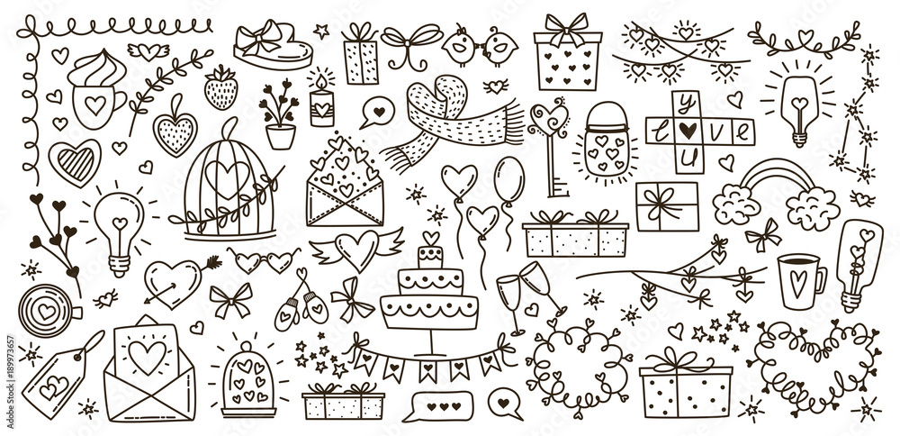 Sketchy vector hand drawn doodles cartoon set of Love and Valentine s Day objects and symbols - obrazy, fototapety, plakaty 