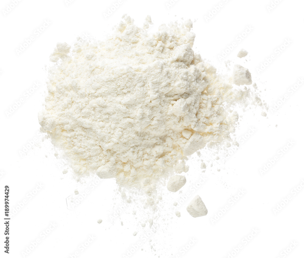 Pile of flour isolated on white background. Top view. Flat lay Pile of flour isolated on white background. Top view. Flat lay