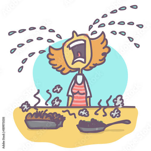 Fototapeta Naklejka Na Ścianę i Meble -  Woman crying big tears over burned food, funny vector cartoon
