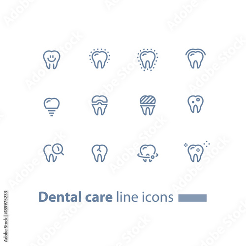 Stomatology services, dental care, prevention check up, tooth implant and crown, line icons