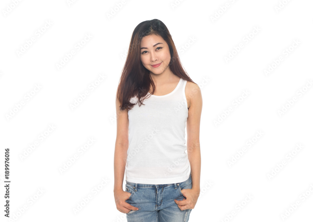 Young beautiful asian woman posing with blank white t-shirts. Young beautiful asian woman posing with blank white t-shirts.
