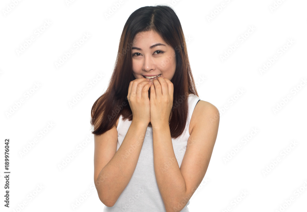 Young Asian woman with surprised excited happy screaming Young Asian woman with surprised excited happy screaming