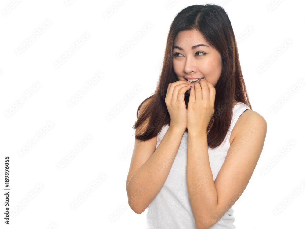 Young Asian woman with surprised excited happy screaming Young Asian woman with surprised excited happy screaming