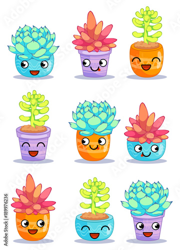 Nine different cheerful plants with funny faces. Cartoon characters set. Vector illustration is suitable for greeting cards and prints on t-shirts.