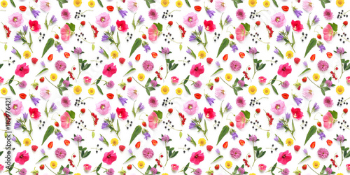 Abstract floral background. Seamless pattern from plants, wild flowers, isolated on white background, flat lay, top view. The concept of summer, spring, Mother's Day, March 8. 