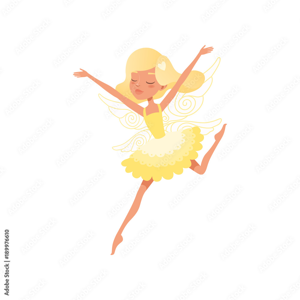 Beautiful blond fairy in action with hands up. Girl wearing bright yellow dress. Mythical creature with magic wings. Fairy-tale character. Cartoon flat vector design Beautiful blond fairy in action with hands up. Girl wearing bright yellow dress. Mythical creature with magic wings. Fairy-tale character. Cartoon flat vector design