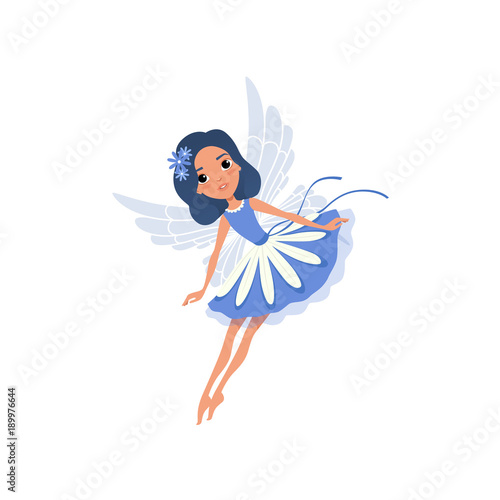 Little pixie in blue fancy dress. Cartoon fairy with magic wings and floral accessories in hair. Cute fairytale character in flying action. Colorful flat vector design