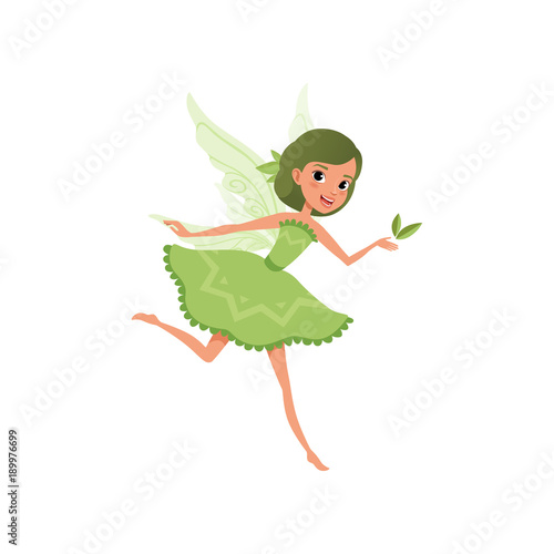 Fantasy forest fairy with green hair in little fancy dress. Imaginary fairytale character in action. Cute smiling girl with magic wings. Cartoon flat vector design