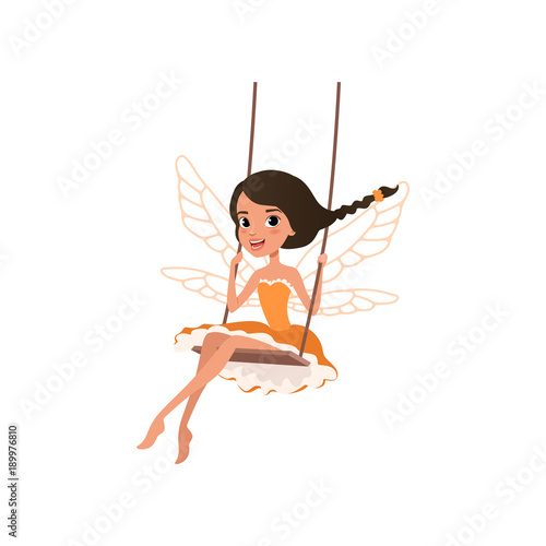 Smiling fairy with magic wings. Cartoon girl character sitting on swing. Pixie in little orange dress. Magical creature from fairy tale. Colorful flat vector design