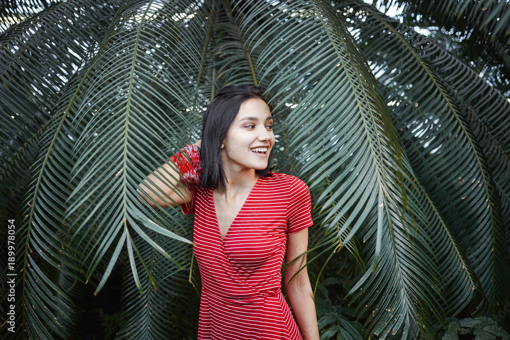 Horizontal view of positive young Caucasian brunette female in fashionable red dress with white stripes posing against lush of green tropical plants, having joyful happy expression on her cute face Horizontal view of positive young Caucasian brunette female in fashionable red dress with white stripes posing against lush of green tropical plants, having joyful happy expression on her cute face