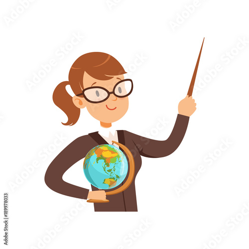 Teacher character with a pointer and globe vector Illustration