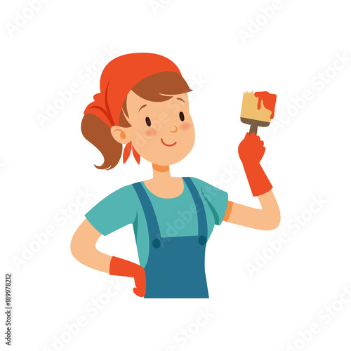 Girl painter character, young professional paint job designer with paintbrush vector Illustration