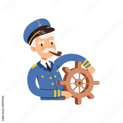 Captain character behind the wheel, sailor in blue uniform smoking pipe vector Illustration