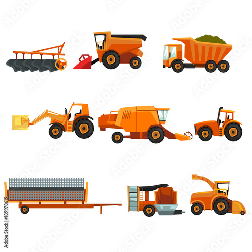 Flat vector set of agricultural transports. Rural machinery. Industrial farm vehicle. Tractor hay baler, truck, combine harvester, trailer, seeding machine, plowing equipment