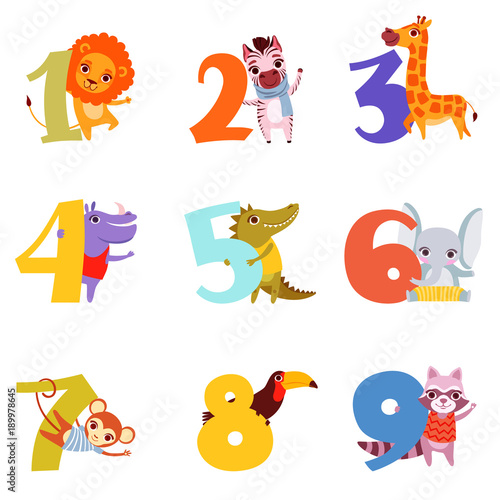 Colorful numbers from 1 to 9 and animals. Cartoon lion, zebra, giraffe, hippopotamus, crocodile, elephant, monkey, toucan, raccoon. Vector design for children s education book