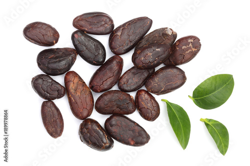 cocoa bean with leaf isolated on white background top view. Flat lay