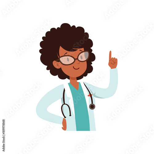Cute doctor character, african american girl in the costume of doctor vector Illustration