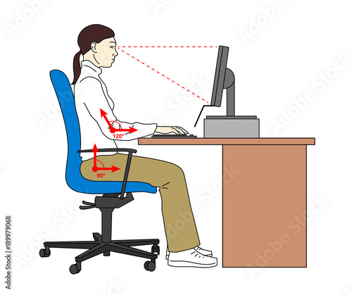 Ergonomic position sitting posture. Correct seat when using a compter. Woman at her workplace. Vector illustration.