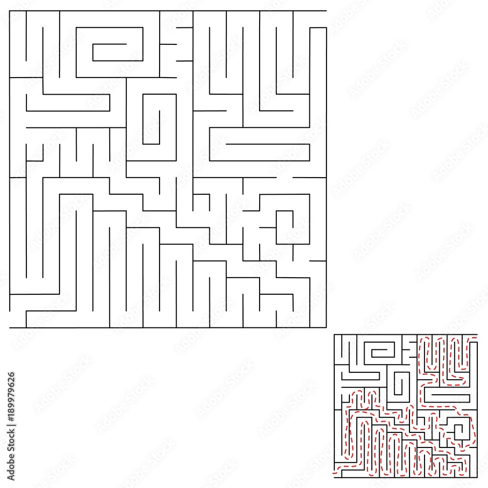 Maze, labyrinth abstract vector game rectangle. Square puzzle with solution, entry and exit. Isolated, black on a white background. Game for children and adults. Simple maze, flat illustration. Maze, labyrinth abstract vector game rectangle. Square puzzle with solution, entry and exit. Isolated, black on a white background. Game for children and adults. Simple maze, flat illustration.