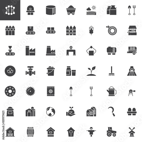 Industry and farming vector icons set, modern solid symbol collection, filled style pictogram pack. Signs, logo illustration. Set includes icons as windmill, tractor, hive, barn, factory, agriculture