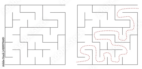 Maze, labyrinth abstract vector game rectangle. Square puzzle with solution, entry and exit. Isolated, black on a white background. Game for children and adults. Simple maze, flat illustration.