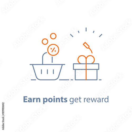 Loyalty program, earn points and get reward, marketing concept, small gift box and shopping basket