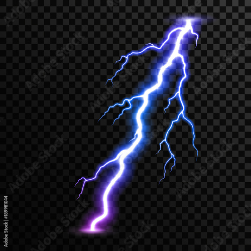 Realistic vector thunderbolt, bright magic lighting effect. Electric light thunder spark isolated on transparent background, for your design.