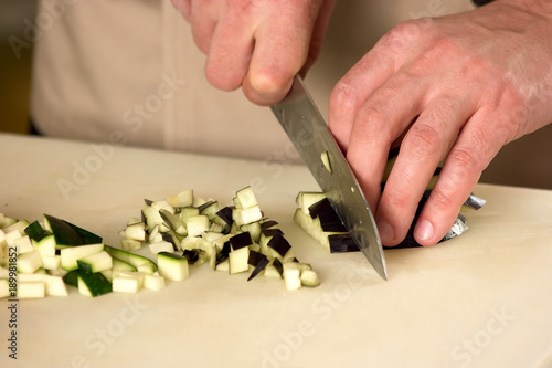 Fotografi Courgette dicing closeup