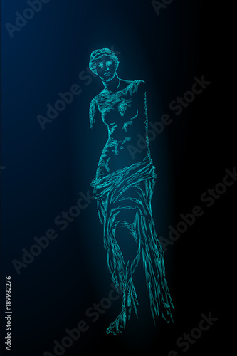 Aphrodite of Milos Venus de Milo ancient Greek statue low poly modern art. Polygonal triangle point line dark blue background museum poster template vector illustration