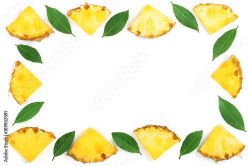 Sliced pineapple with leaves isolated on white background with copy space for your text. Top view