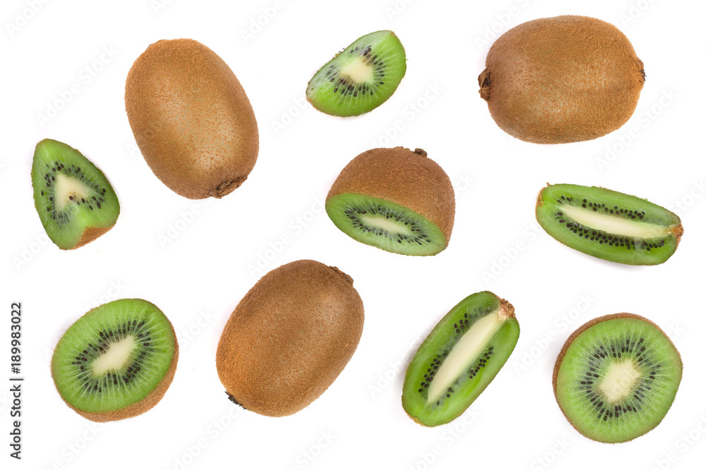 Fototapeta premium Kiwi fruit with slices isolated on white background, close-up. Top view. Flat lay pattern