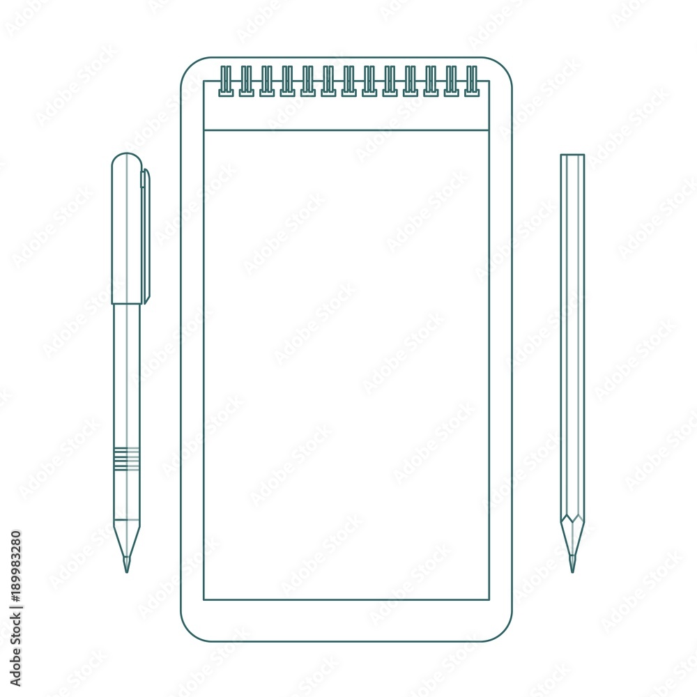 Contour Notepad with pen and pencil. Clear document mock up template . Vector illustration Contour Notepad with pen and pencil. Clear document mock up template . Vector illustration