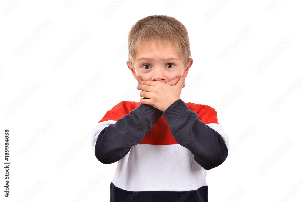 The boy covered his mouth with his hands. The man was surprised. The boy covered his mouth with his hands. The man was surprised.