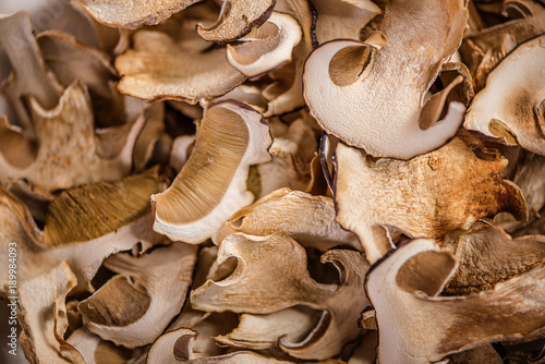 Dried porcini mushrooms on a wooden table. Food background. Rustic style.