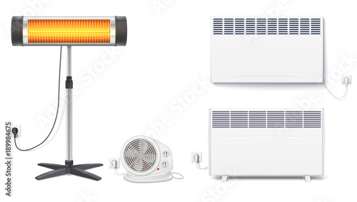 Set icons of heaters, household appliances on a white background. Convector, fan heater, UFO quartz heater with power cord and socket, isolated 3D illustration with realistic shadows.