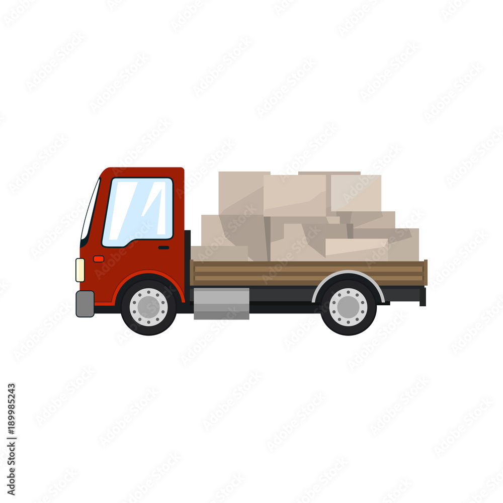 Red Small Cargo Truck with Boxes Isolated on White Background, Delivery Services, Logistics, Shipping and Freight of Goods, Vector Illustration