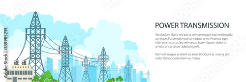 White Banner of Electric Power Transmission, High Voltage Power Lines Supplies Electricity to the City and Text, Vector Illustration