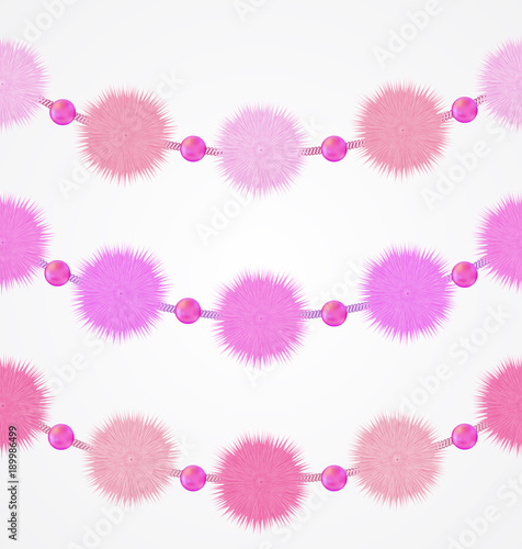 Pink pompon seamless border vector garland set. Textile fluffy decor for birthday celebrations, carnivals, kid's parties isolated on white. Cute embellishment for girl's interior, babyshower.